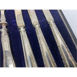 Cased set of six silver handled dessert knives and forks, hallmarked 
