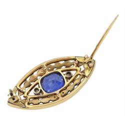 Early 20th century 15ct gold and silver sapphire, pearl, diamond and enamel brooch, the central cushion cut sapphire of approx 4.80 carat, set with an old cut diamond either side, within a white enamel, pearl and diamond laurel leaf surround 