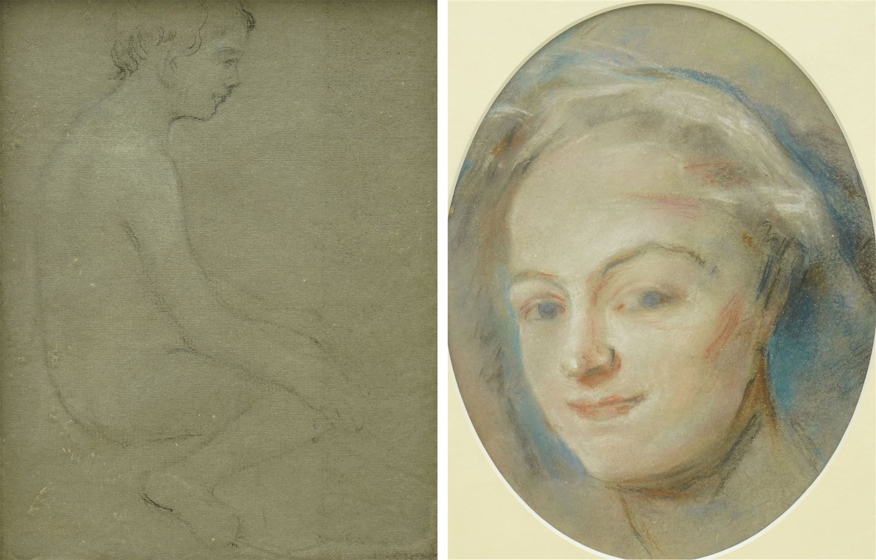 Ernest Leopold Sichel (British 1862-1941): Portrait of a Girl and Seated Nude, pastel and pencil sketch, the latter signed in pencil, the former attributed on mount max 18cm x 13cm (2)