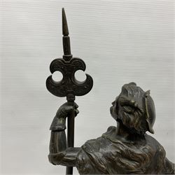 Pair of bronzed figure modelled as a hunter in traditional dress, each holding a pike, H48cm