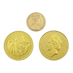 Two 9ct gold QEII medallions 'Anniversary of the Coronation' and 'Silver Jubilee' and a small 'Aurum' commemorative medallion