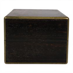 19th century brass mounted coromandel wood box, the hinged lid with inlaid cartouche with initials to the centre, opening to reveal two removable velvet lined trays 