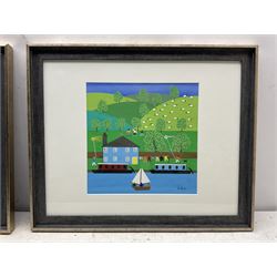 Gordon Barker (British 1960-): Sailing Past Canal Boats and Sheep, acrylic signed 28cm x 28cm
