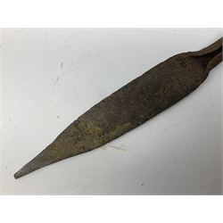 Patinated 'bronze' fantasy dagger, the 26cm blade, hilt and scabbard cast with dragons L50cm overall; hand forged iron spearhead L29.5cm; and a stiletto blade (3)