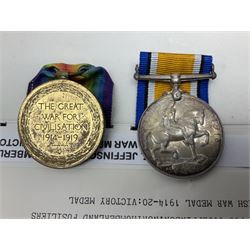 WWI pair of medals comprising British War Medal and Victory Medal awarded to 39357 Pte. T. Jeffinson Northumberland Fusiliers; both with ribbons (2)