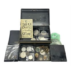 Great British and World coins, including Elizabeth I 1592 hammered silver sixpence, Queen Victoria 1889 double florin, 1896 halfcrown, King George V 1921 one florin, King George VI 1937 halfcrown, Queen Elizabeth II 1993 five pound coin, old style two pound coins, commemorative crowns etc, housed in a vintage cash tin