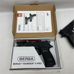 Two Bersa Thunder 9 Pro CO2 BB pistols, serial nos.21M142216 and 20J12270, L30cm overall; one in original box with paperwork  NB: AGE RESTRICTIONS APPLY TO THE PURCHASE OF AIR WEAPONS.
