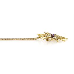 14ct gold amethyst and seed pearl star pendant / brooch, stamped, on a 9ct gold box link chain necklace, hallmarked
