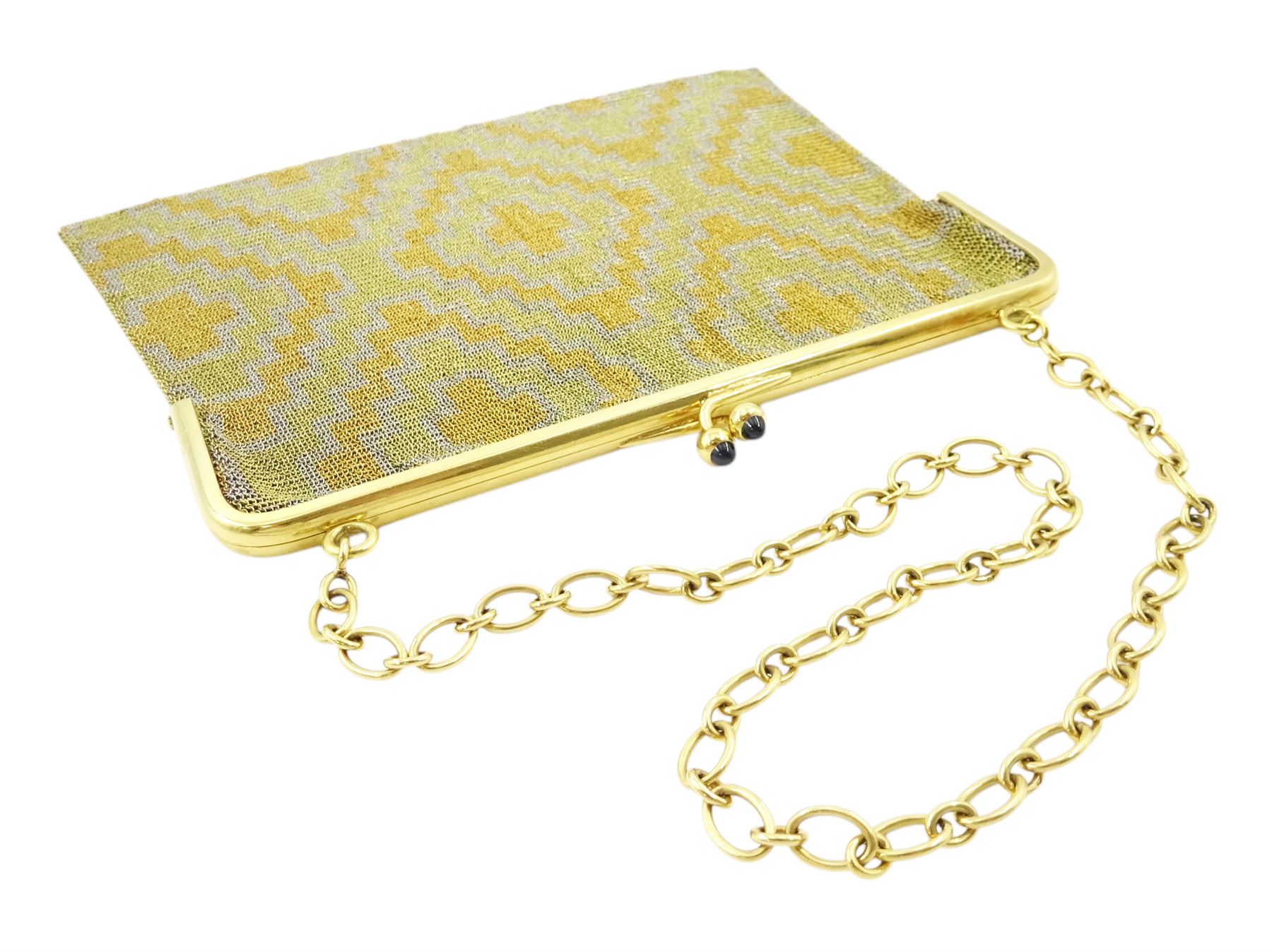 French tri-coloured gold mesh purse, with 18ct gold bar clasp and 18ct gold oval link chain, with cabochon sapphire set clasp, eagle hallmark
