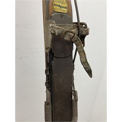 Pair of 1930s wooden skis, with painted metal runners beneath stamped Attenhofer, with retailers label for Ernst Gertsch Central Sports, L206cm