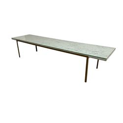 Long narrow rectangular marble top coffee table, on wrought metal base
