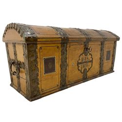 19th century Northern European painted oak sea chest, possibly Dutch, hinged dome top enclosing small compartment, bound by shaped and pressed metal strapwork, scumbled finish to resemble oak and painted with small vignettes depicting portraits and landscapes within panels, fitted with large wrought metal carrying handles, the front inscribed 'H.J.S. 1870' 