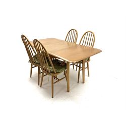Mid century oak drop leaf dining table, tapered supports (W148cm, D84cm, H73cm) together with four matching dining chairs (W4cm2)