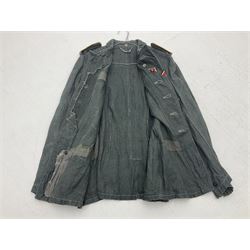 WW2 German Army grey/green herringbone twill four pocket tunic with shoulder tabs for signals regiment, cloth eagle insignia and iron cross ribbon