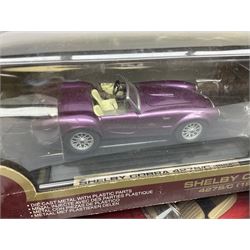 Nine 1:18/1:24 scale die-cast models - two Foxtons Mini Coopers; Road Legends Shelby Cobra; Maisto Mustang Mach III; and five by Bburago including Porsche 356B Cabriolet 1961, Chevrolet Corvette Convertible 1998 etc; all boxed (9)