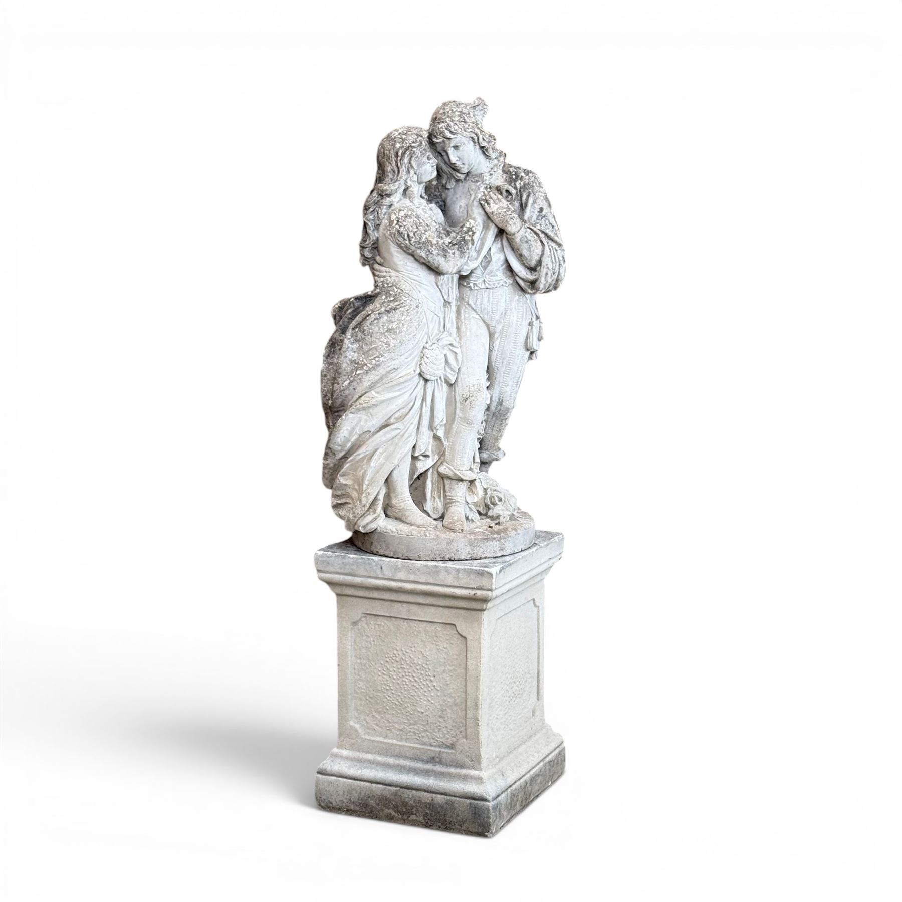 Romeo & Juliet ornate cast stone garden figure, raised on square plinth base