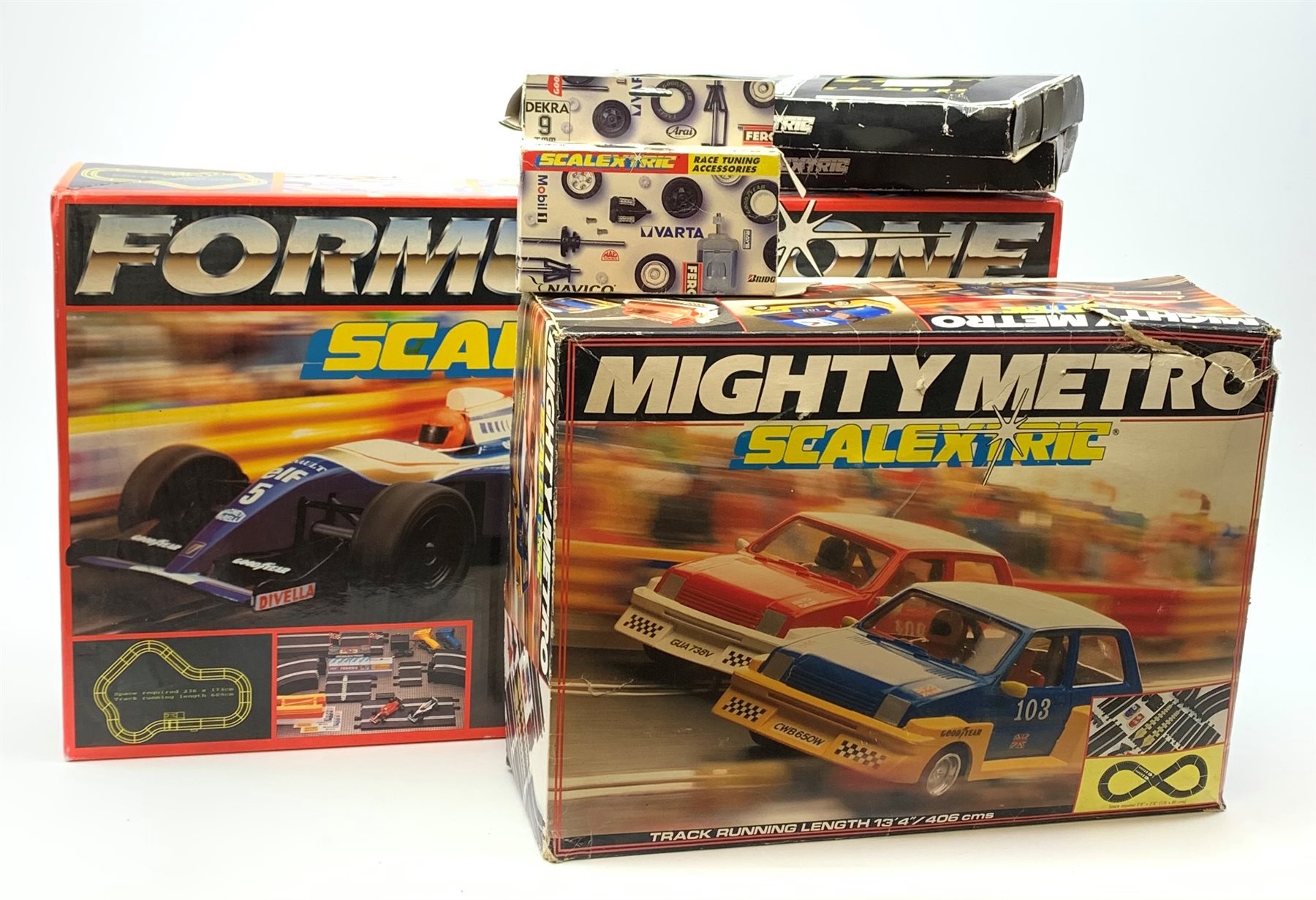 Scalextric - Formula One set and Mighty Metro set, both boxed; two boxes of extra track; and box of Race Tuning Accessories