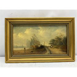 Attrib. John Wilson Ewbank (British 1779-1847): Sailing Barges Moored on the Banks of an Estuary, oil on board unsigned 20cm x 35cm