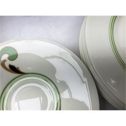 Royal Doulton Art Deco tea set for six, comprising six teacups, six saucers, open sucrier, milk jug, side plates and cake plate, decorated with foliate scroll in green, gold and black