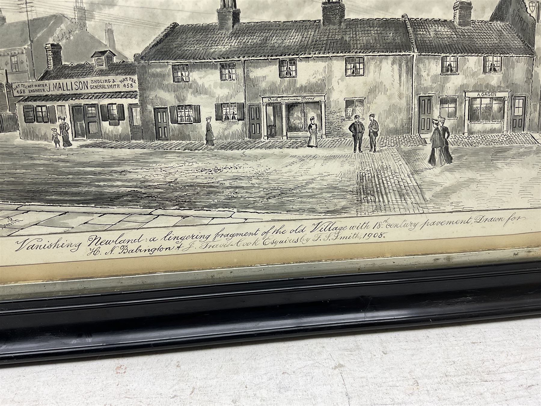 Frederick Schultz Smith (Hull 1860-1925): 'Vanishing Newland' - Hull Street Scene, monochrome watercolour and ink signed, titled extensively inscribed and dated 1908 along the bottom edge 22cm x 40cm 
Notes: Born in Worthing, Sussex in 1860, F S Smith came to Hull as a small child and lived most of his life in the old St. John's Wood area in west Hull; he was still drawing in his sixties shortly before his death in 1925. Much like his near contemporary and fellow Yorkshire artist Albert Thomas Pile (1882-1981), his drawings are visual 'snapshots' in time, often produced to record buildings that were due to be demolished. Smith was commissioned to produce around three hundred drawings for C E Fewster, a paint maker in Hull who collected historical records. Some were also used as illustrations in books and newspapers, such as the Eastern Morning News, whilst others were sold to the owners of premises which he had drawn.