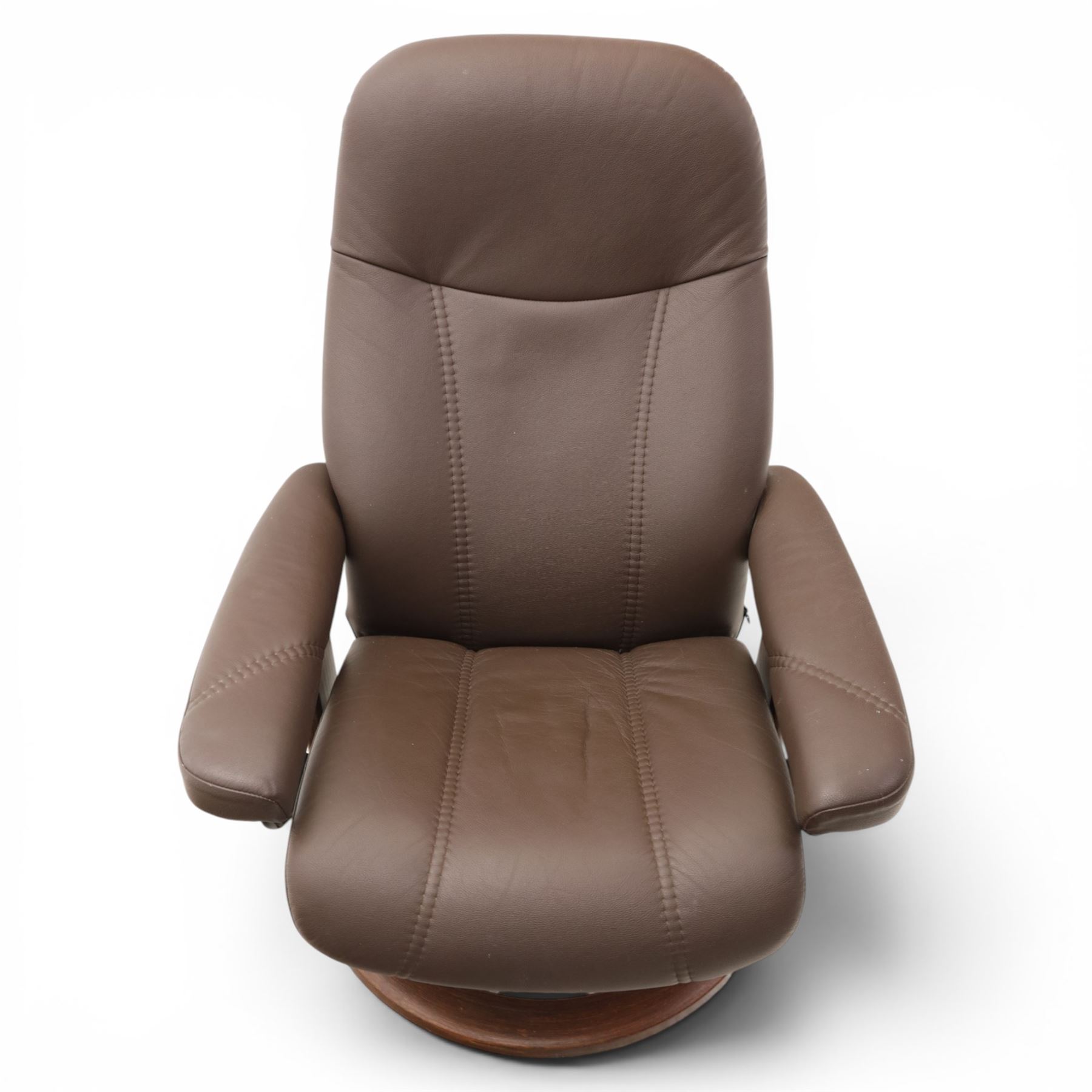 Ekornes - Stressless small brown leather recliner swiveling armchair and stool, brown leather recline with stitching, together with a matching stool, on a round base
