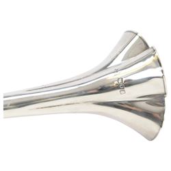 Pair of Victorian silver mounted trumpet vases, with fluted beaded rim, tapering knopped stem and upon circular weighted foot, hallmarked Horace Woodward & Co Ltd, London 1898, H22cm