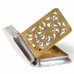 Victorian rectangular silver vinaigrette with inscription and floral engraving, hinged pierced grille  Birmingham circa 1840 Maker Nathaniel Mills