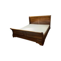 French cherry wood 6' Super King sleigh bed, curved headboard and footboard with panelled detailing, complete with supportive hardwood box base upholstered in a light-textured fabric, raised on bracket feet
