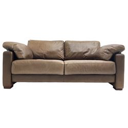 Heals - contemporary two seat 'Palermo' sofa, upholstered in chocolate brown leather, raised on wooden block feet