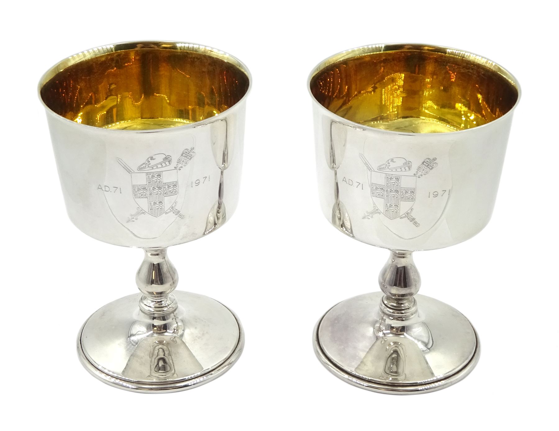 Pair of silver goblets, commemorating the City of York 1900th anniversary, founded A.D.71, by Barker Ellis Silver Co, Birmingham 1971, approx 9.6oz, retailed by Henry Hardcastle Ltd, Stonegate York cased