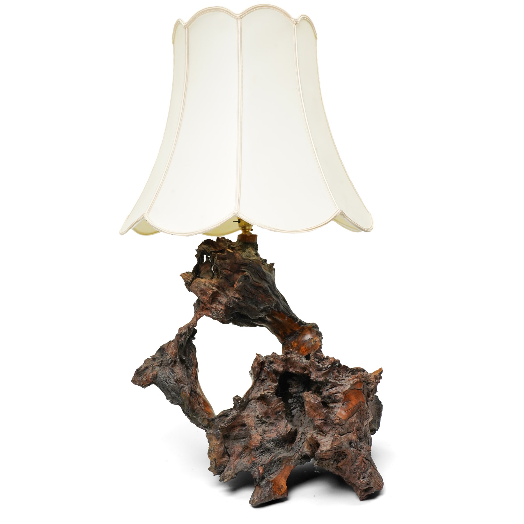  Mid-20th century burl root wood table lamp and shade overall H85cm