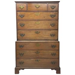 George III mahogany chest-on-chest, moulded cornice over three short and six long graduating drawers with scratch moulded fronts, fitted with pierced handle plates and swan neck handles, raised on bracket feet