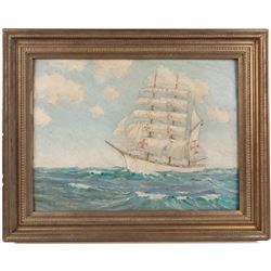 Bernard A Bird (British 20th Century): Portugese Sagres Ship, oil on canvas board signed and dated 1937, 44cm x 59cm 