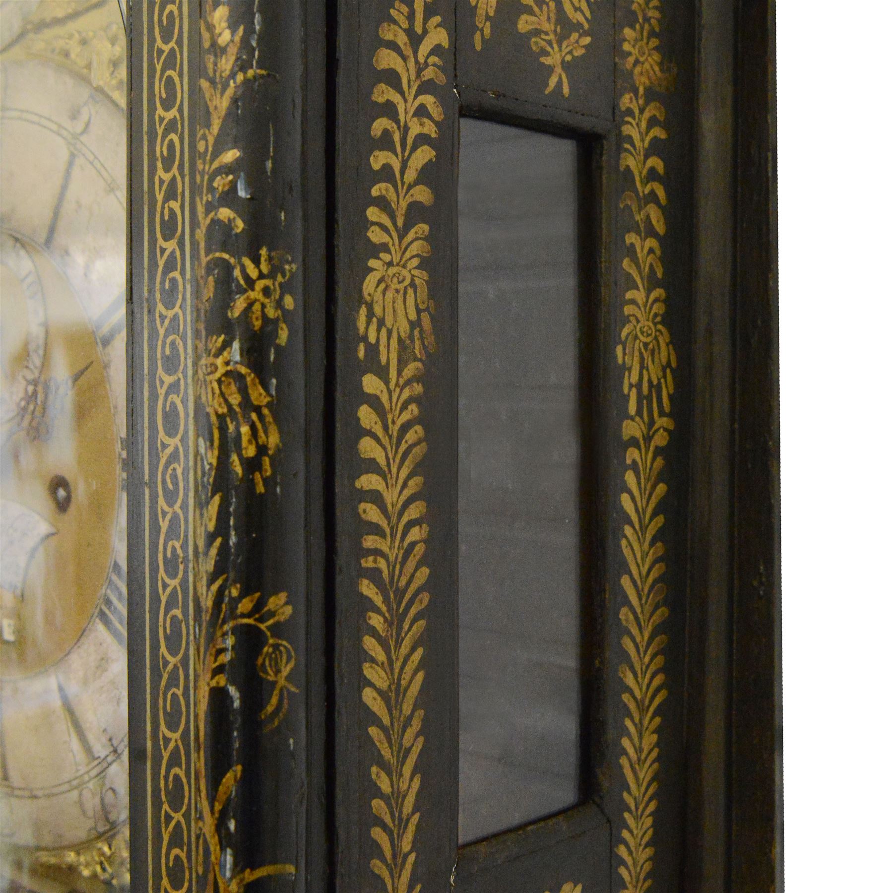 William Hayler of Chatham (Kent) - Fine George III black japanned chinoiserie decorated longcase clock c1760,  hood with a break arch top, glazed side panels and three matching wooden finials, conforming hood door beneath with attached pilasters, long trunk with a  break arch door and moulded surround, on a square double stepped plinth with a flat base, case and hood profusely decorated with scenes of gilt pagodas, temples, birds, people and panels of floral decoration, brass dial with cast brass spandrels and a silvered boss to the arch, silvered chapter with Roman numerals, minute track and five minute Arabic's, matted dial centre with seconds dial, date aperture, matching steel hands and silvered cartouche with makers name, dial pinned directly to a five-pillar rack striking movement with a recoil anchor escapement. With  pendulum, weights  and key.
William Hayler is recorded as working in High Street, Chatham, from 1750-1810, possibly two makers (father & son) working in succession.


