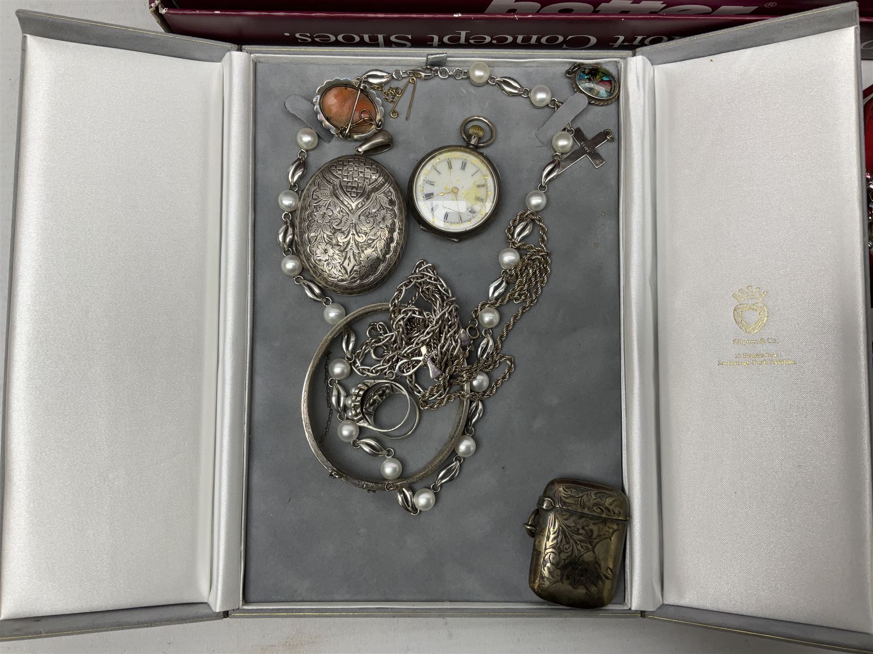 Victorian and later silver jewellery including engraved oval locket pendant, bangle, fob watch, vesta case, faux pearl necklace, butterfly wing pendant etc, a collection of costume jewellery including beaded necklaces, brooches, earrings, ladies wristwatches and a small collection of coins including two pre 1947 half crowns 