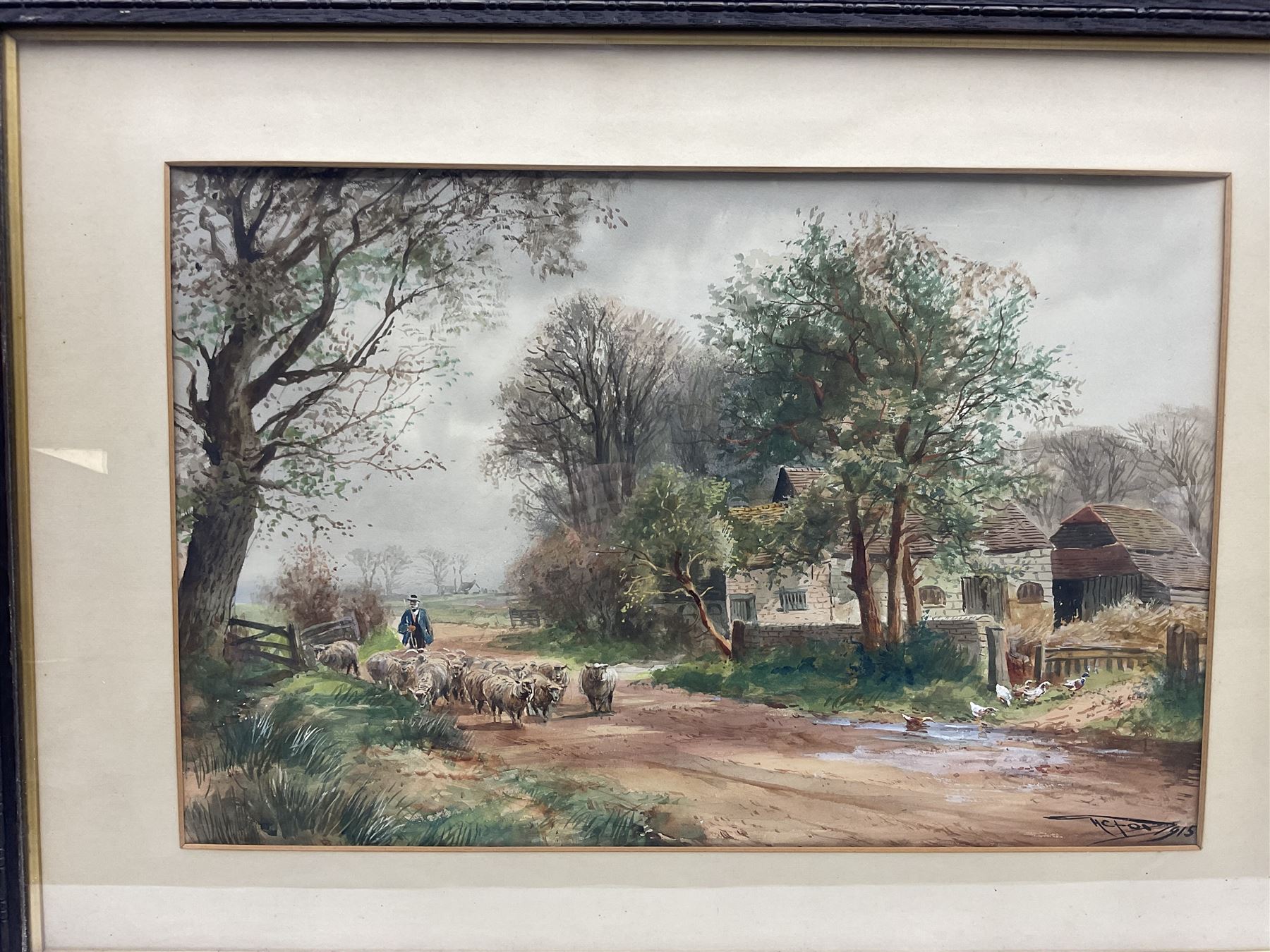 Henry Charles Fox RBA (British 1855-1929): Driving Sheep, pair watercolours with gouache signed and dated 1915, 36cm x 55cm (2)