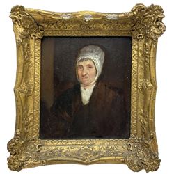 English School (mid 19th century): Portrait of 'Mrs Barnet', oil on panel unsigned 23cm x 20cm