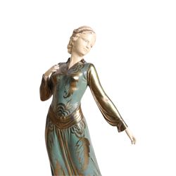 Art Deco painted spelter figure group, a lady and two deer, upon a rectangular marble base, signed Roggia, H44cm