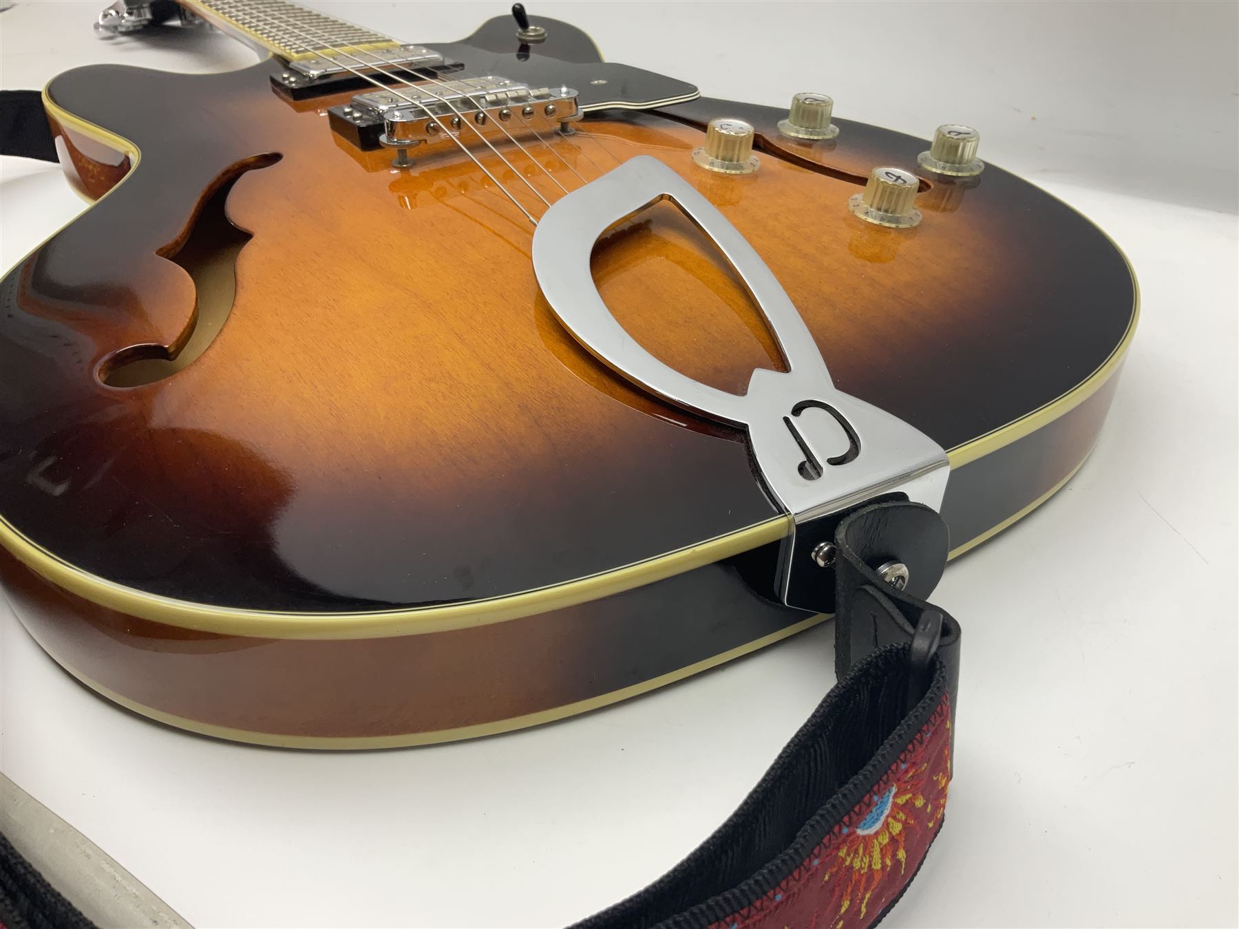 DeArmond Guild Star Fire Custom semi-acoustic guitar c2009 with tobacco sunburst finish and USA DeArmond gold foil pick-ups; serial no.KC9091266; L104cm; in Spider carrying case