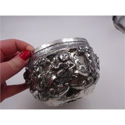 Burmese silver bowl, embossed with figural panels, C scrolls and floral decoration, H8.5cm