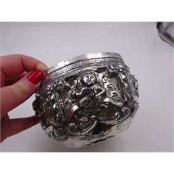 Burmese silver bowl, embossed with figural panels, C scrolls and floral decoration, H8.5cm