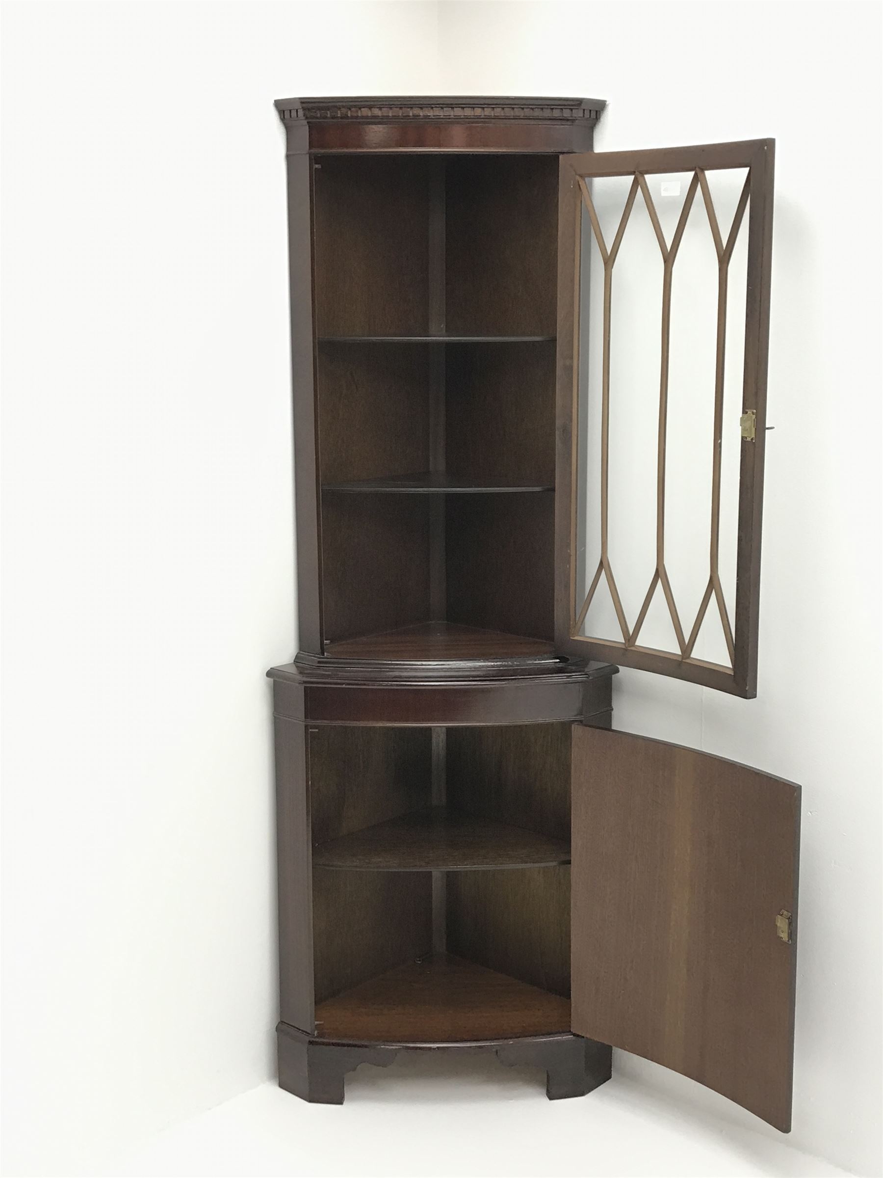 Mid century mahogany corner display single door enclosing