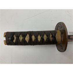 Japanese wakasashi short sword with 47.5cm curving steel blade, decorative copper tsuba and (damaged) cord bound fish skin grip, in lacquered wooden saya 69cm overall; together with a Swedish model 1896 knife bayonet marked EJ(anchor)AB 602 2/19 No.214 in associated leather sheath marked USM6 WMCO 1943 (2)