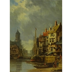 Charles Euphrasie Kuwasseg (French 1833-1904): Busy Canal Scene, oil on mahogany panel signed and dated '72, 31cm x 22cm
