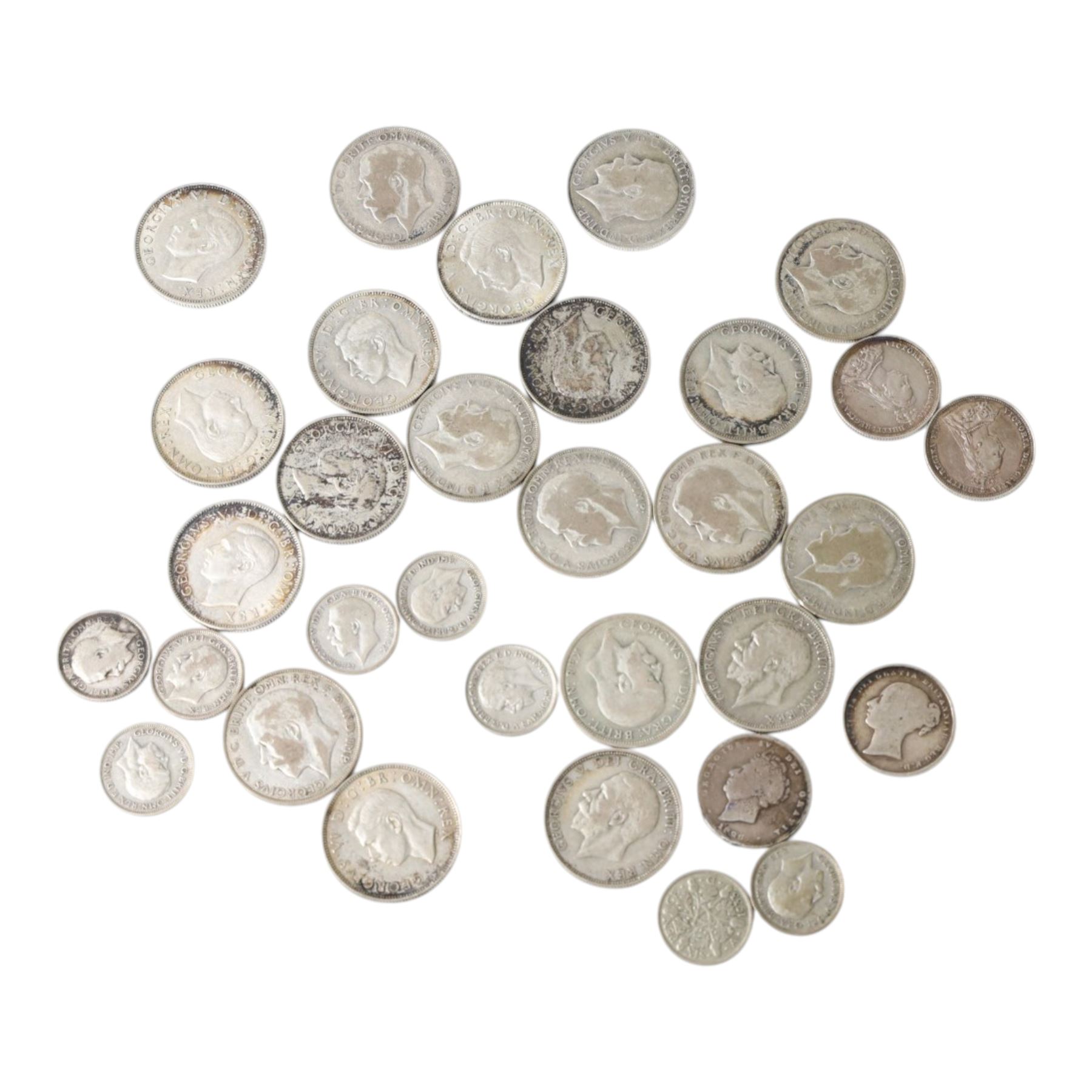 Twenty Great British pre-1947 silver one florin or two shilling coins, eight pre-1947 silver sixpence coins, George IV silver one shilling coin, and three Queen Victoria silver one shilling coins