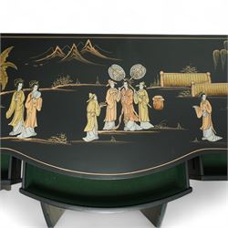 Late 20th century Chinese black lacquered sideboard, serpentine front fitted with three baize-lined drawers over four panelled cupboard doors, decorated throughout with gilt and polychrome figural and landscape scenes, on shaped apron and bracket feet 