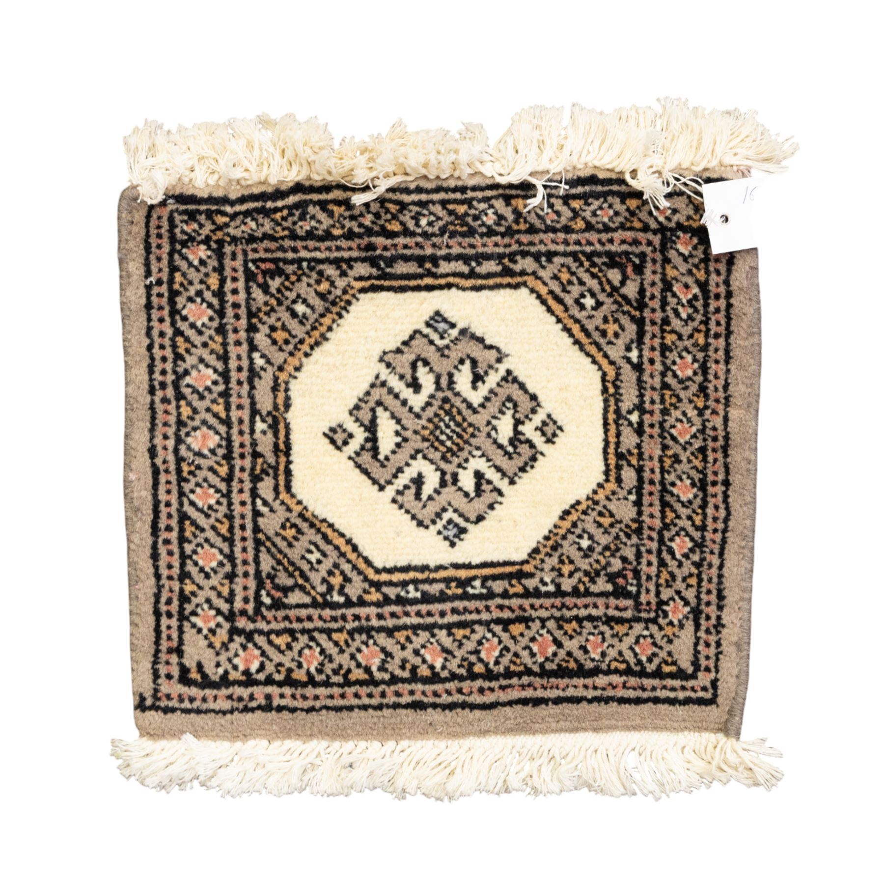 Long flatweave Kilim textile cushion, in crimson and decorated with geometric motifs and cotton fringe ends, 151cm, together with four modern hand-knotted rug mats with geometric designs, the largest 65x43cm, (5)