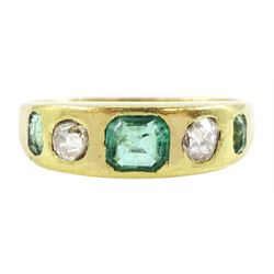 Victorian five stone gypsy set octagonal cut emerald and old cut diamond ring, possibly 1876, total diamond weight approx 0.33 carat