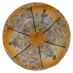  Early 20th century painted glass ceiling light fitting, the domed shade decorated with figural panels alternating with scrolling foliate and floral reserves, centred by a moulded knop finial, in amber and pastel tones