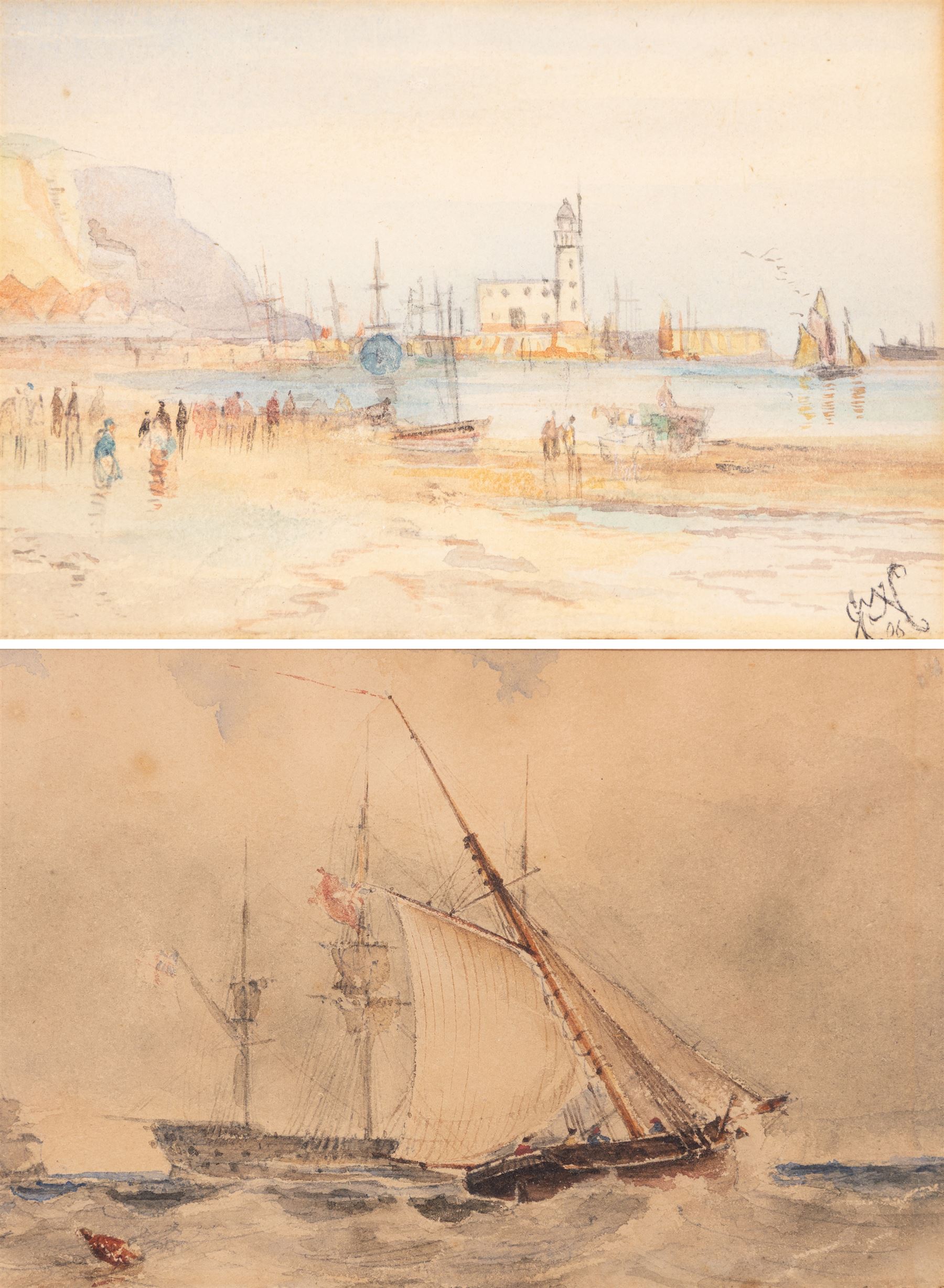 English School (19th Century): Ships at Sea, watercolour signed, in carved Florentine gilt frame, frame overall 34cm x 41cm; GWC (19th Century): Scarborough Beach, watercolour signed with monogram and dated '06, 9cm x 13cm (2)
